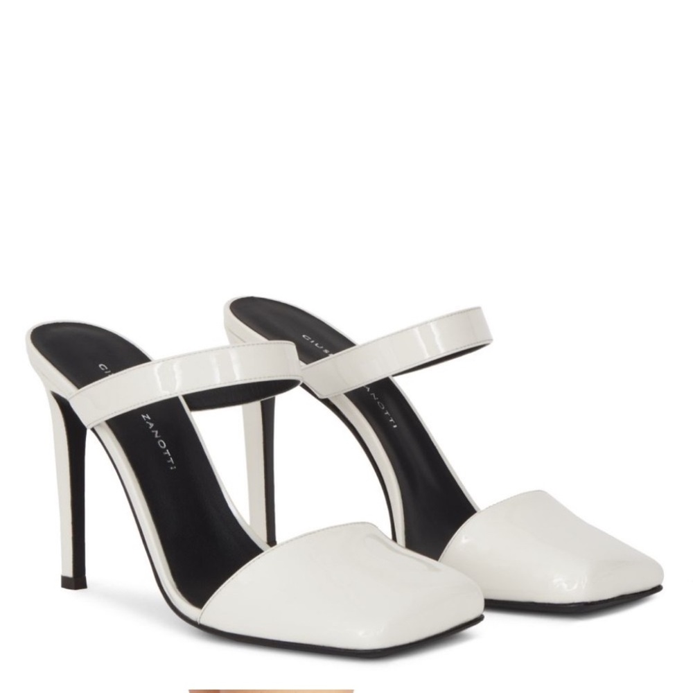 Giuseppe Zanotti Quadra Mules Sandals White Patent Leather Heels 36.5 NEW